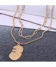 Delicate Lady Profile Pendant Wholesale Jewelry Dual Layers High Fashion Costume Necklace - Golden