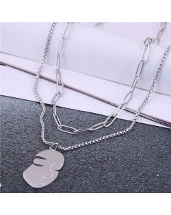 Delicate Lady Profile Pendant Wholesale Jewelry Dual Layers High Fashion Costume Necklace - Silver
