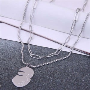 Delicate Lady Profile Pendant Wholesale Jewelry Dual Layers High Fashion Costume Necklace - Silver