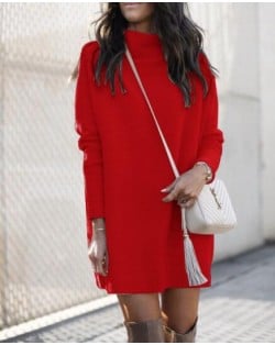 Round Neck Knitted Long Sleeves Winter/ Autumn Wholesale Women Dress - Red