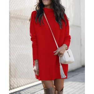 Round Neck Knitted Long Sleeves Winter/ Autumn Wholesale Women Dress - Red