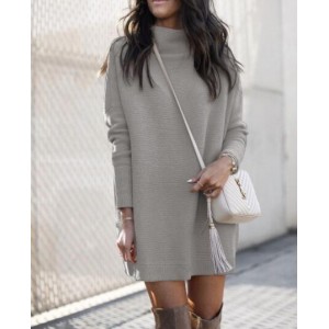 Round Neck Knitted Long Sleeves Winter/ Autumn Wholesale Women Dress - Gray