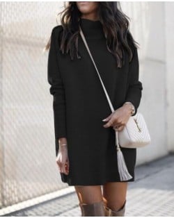 Round Neck Knitted Long Sleeves Winter/ Autumn Wholesale Women Dress - Black