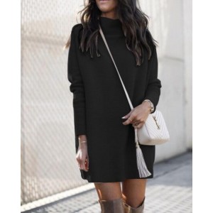 Round Neck Knitted Long Sleeves Winter/ Autumn Wholesale Women Dress - Black