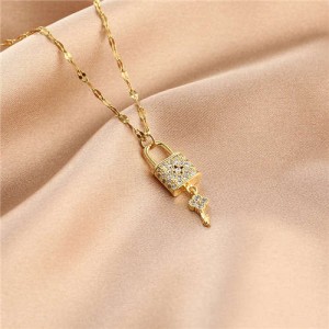 Shining Rhinestone Insertd Unique Design Stainless Steel Women Wholesale Necklace - Lock