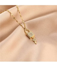 Shining Rhinestone Insertd Unique Design Stainless Steel Women Wholesale Necklace - Lock