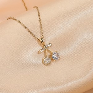 Shining Rhinestone Insertd Unique Design Stainless Steel Women Wholesale Necklace - Cherry