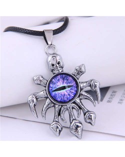 Vintage Silver Color Skull Octopus Eye Pendant Punk Fashion Necklace - Purple