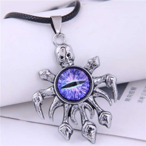 Vintage Silver Color Skull Octopus Eye Pendant Punk Fashion Necklace - Purple
