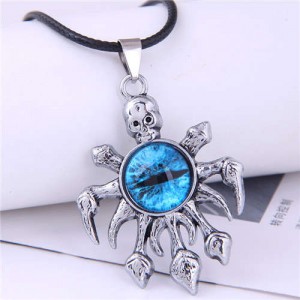Vintage Silver Color Skull Octopus Eye Pendant Punk Fashion Necklace - Blue