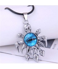 Vintage Silver Color Skull Octopus Eye Pendant Punk Fashion Necklace - Blue