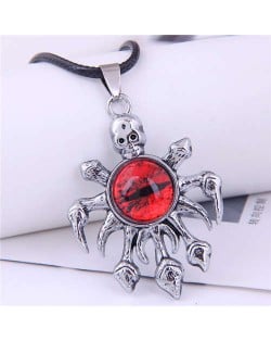 Vintage Silver Color Skull Octopus Eye Pendant Punk Fashion Necklace - Red