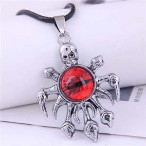 Vintage Silver Color Skull Octopus Eye Pendant Punk Fashion Necklace - Red