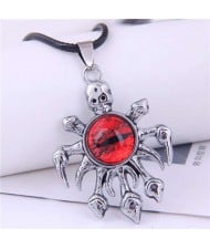 Vintage Silver Color Skull Octopus Eye Pendant Punk Fashion Necklace - Red