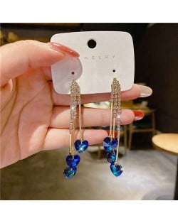 Korean Fashion Bling Rhinestone Heart Pendants Long Tassel Wholesale Earrings - Blue