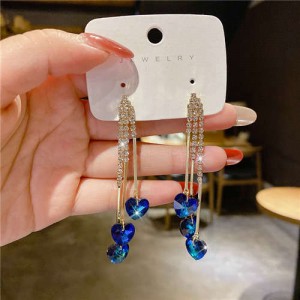 Korean Fashion Bling Rhinestone Heart Pendants Long Tassel Wholesale Earrings - Blue