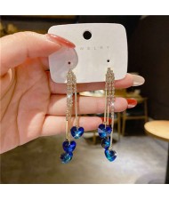 Korean Fashion Bling Rhinestone Heart Pendants Long Tassel Wholesale Earrings - Blue