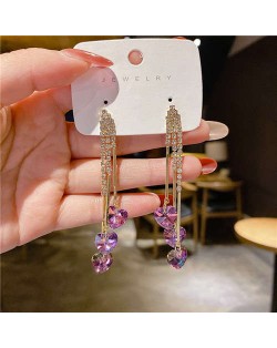 Korean Fashion Bling Rhinestone Heart Pendants Long Tassel Wholesale Earrings - Pink