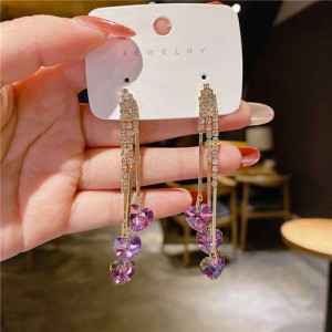 Korean Fashion Bling Rhinestone Heart Pendants Long Tassel Wholesale Earrings - Pink