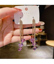 Korean Fashion Bling Rhinestone Heart Pendants Long Tassel Wholesale Earrings - Pink