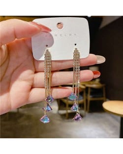 Korean Fashion Bling Rhinestone Fan-shaped Pendants Long Tassel Wholesale Earrings - Violet