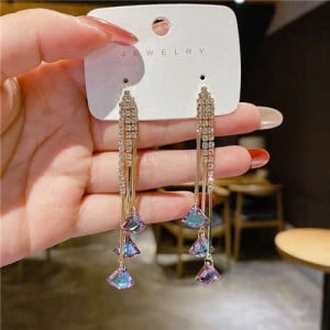 Korean Fashion Bling Rhinestone Fan-shaped Pendants Long Tassel Wholesale Earrings - Violet