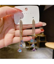 Korean Fashion Bling Rhinestone Fan-shaped Pendants Long Tassel Wholesale Earrings - Violet