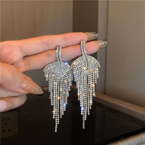 Bling Rhinestone Leaf Shape 925 Silver Pin Women Bold Fashion Wholesale Earrings - Silver