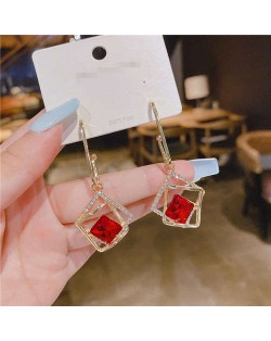 Rhinestone Decorated Hollow-out Geometric Wholesale Dangle Earrings - Red