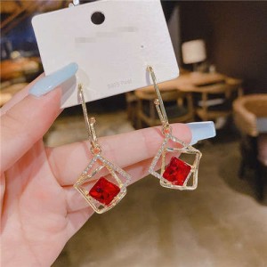 Rhinestone Decorated Hollow-out Geometric Wholesale Dangle Earrings - Red