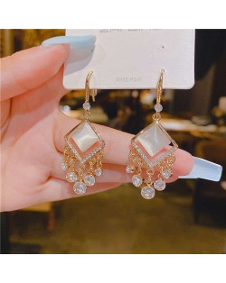 Vintage Tassel Design Shining Rhinestone Rhombus Opal Pendant Wholesale Hook Earrings