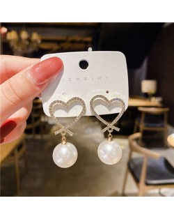 Lady Temperament Style Romantic Rhinestone Heart with Big Pearl Wholesale Dangle Earrings - White