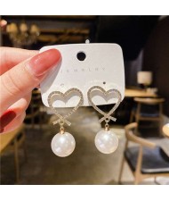 Lady Temperament Style Romantic Rhinestone Heart with Big Pearl Wholesale Dangle Earrings - White