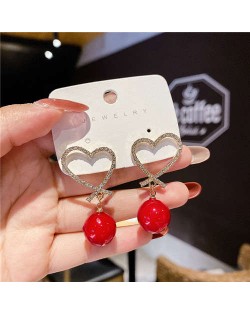 Lady Temperament Style Romantic Rhinestone Heart with Big Pearl Wholesale Dangle Earrings - Red