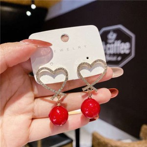 Lady Temperament Style Romantic Rhinestone Heart with Big Pearl Wholesale Dangle Earrings - Red