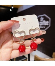 Lady Temperament Style Romantic Rhinestone Heart with Big Pearl Wholesale Dangle Earrings - Red