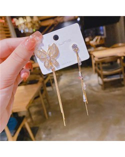 Glistening Butterfly and Small Dots Asymmetrical Long Tassel Earrings