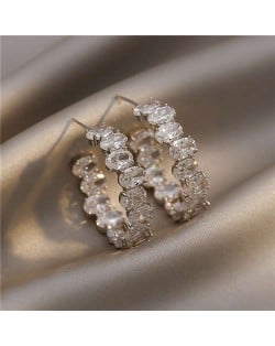 Korean Fashion Oval Rhinestone C-shape Elegant Women Wholesale Earrings - Silver