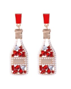 Rhinestone and Pearl Embellished Wine Bottle Boutique Fashion Women Dangle Earrings - Red