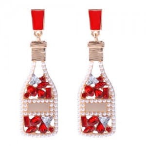 Rhinestone and Pearl Embellished Wine Bottle Boutique Fashion Women Dangle Earrings - Red