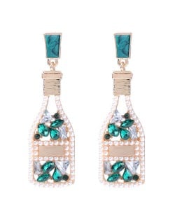 Rhinestone and Pearl Embellished Wine Bottle Boutique Fashion Women Dangle Earrings - Green