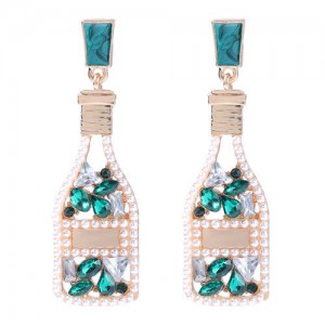 Rhinestone and Pearl Embellished Wine Bottle Boutique Fashion Women Dangle Earrings - Green