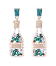 Rhinestone and Pearl Embellished Wine Bottle Boutique Fashion Women Dangle Earrings - Green