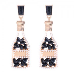 Rhinestone and Pearl Embellished Wine Bottle Boutique Fashion Women Dangle Earrings - Black