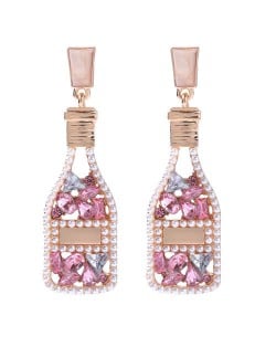 Rhinestone and Pearl Embellished Wine Bottle Boutique Fashion Women Dangle Earrings - Pink