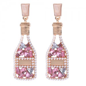 Rhinestone and Pearl Embellished Wine Bottle Boutique Fashion Women Dangle Earrings - Pink