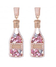 Rhinestone and Pearl Embellished Wine Bottle Boutique Fashion Women Dangle Earrings - Pink