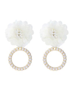 Folk Style Cloth Flower Pearl Hoop Spring Fashion Women Boutique Earrings - White