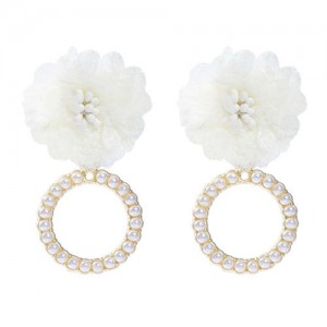 Folk Style Cloth Flower Pearl Hoop Spring Fashion Women Boutique Earrings - White