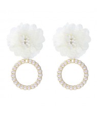 Folk Style Cloth Flower Pearl Hoop Spring Fashion Women Boutique Earrings - White